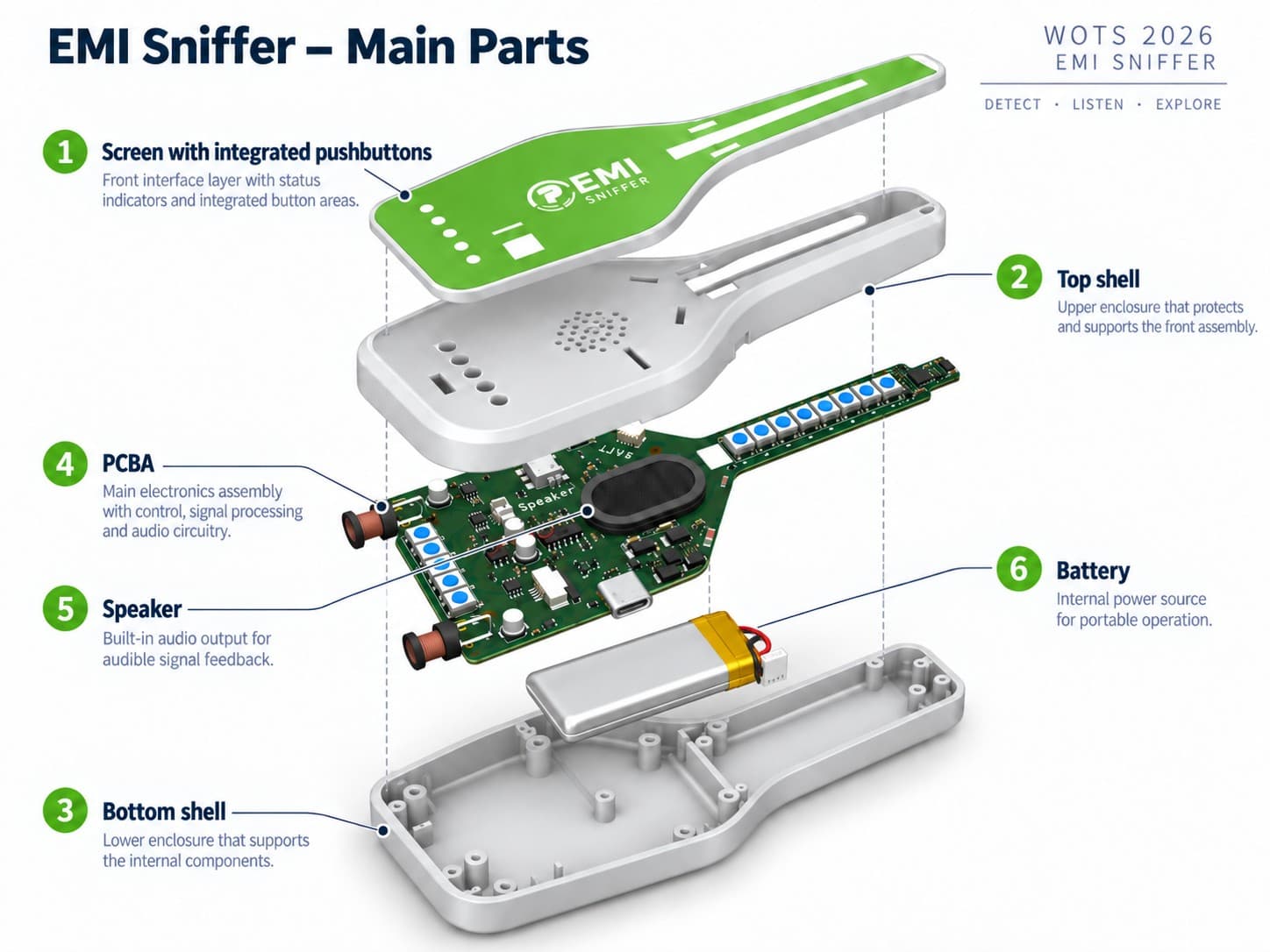 Exploded view of the EMI Sniffer main parts